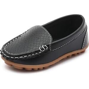 Lonsoen Boys Size 2 Black Faux Leather Slide On Loafer Moccasin Dress Shoes